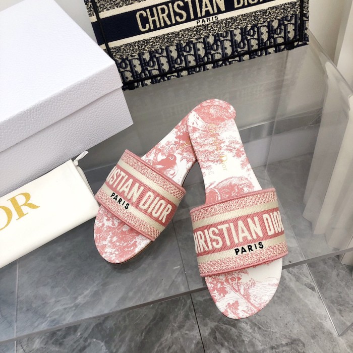 Dior Women Shoes DWAY HEELED SLIDE Embroidered Cotton Luxury Brand Womens Sandals Slippers with Original Box KCQ244ERC_S56B