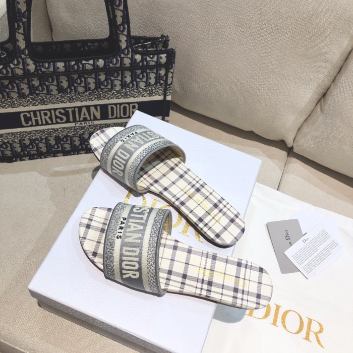 Dior Women Shoes DWAY HEELED SLIDE Embroidered Cotton Luxury Brand Womens Sandals Slippers with Original Box KCQ244ERC_S56B