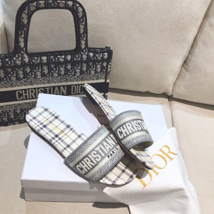 Dior Women Shoes DWAY HEELED SLIDE Embroidered Cotton Luxury Brand Womens Sandals Slippers with Original Box KCQ244ERC_S56B