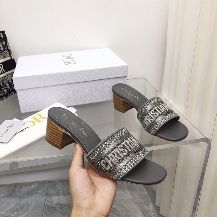 Dior Women Shoes DWAY HEELED SLIDE Embroidered Cotton Luxury Brand Womens Sandals Slippers with Original Box KCQ244ERC_S56B