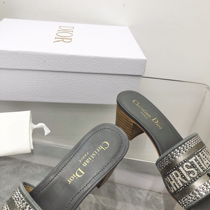 Dior Women Shoes DWAY HEELED SLIDE Embroidered Cotton Luxury Brand Womens Sandals Slippers with Original Box KCQ244ERC_S56B