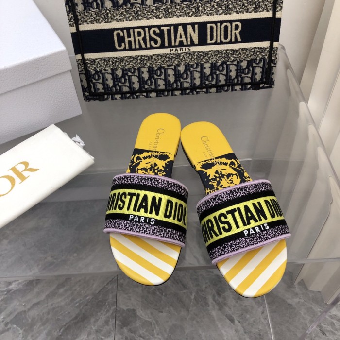 Dior Women Shoes DWAY HEELED SLIDE Embroidered Cotton Luxury Brand Womens Sandals Slippers with Original Box KCQ244ERC_S56B