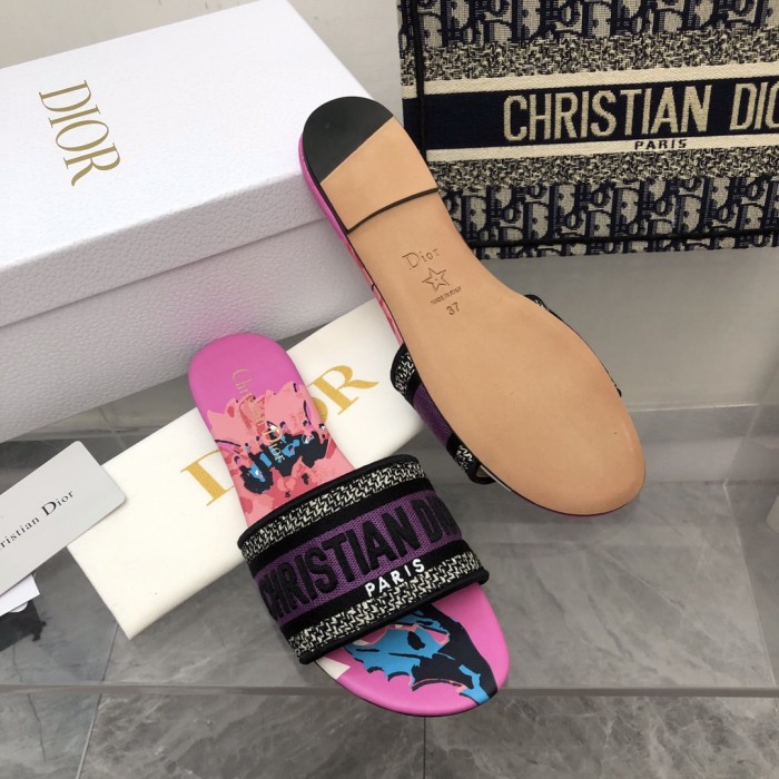 Dior Women Shoes DWAY HEELED SLIDE Embroidered Cotton Luxury Brand Womens Sandals Slippers with Original Box KCQ244ERC_S56B