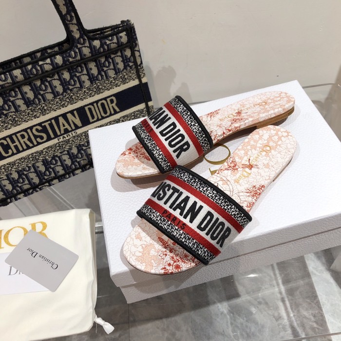 Dior Women Shoes DWAY HEELED SLIDE Embroidered Cotton Luxury Brand Womens Sandals Slippers with Original Box KCQ244ERC_S56B