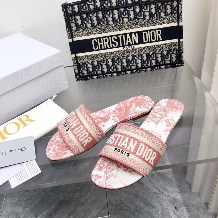 Dior Women Shoes DWAY HEELED SLIDE Embroidered Cotton Luxury Brand Womens Sandals Slippers with Original Box KCQ244ERC_S56B