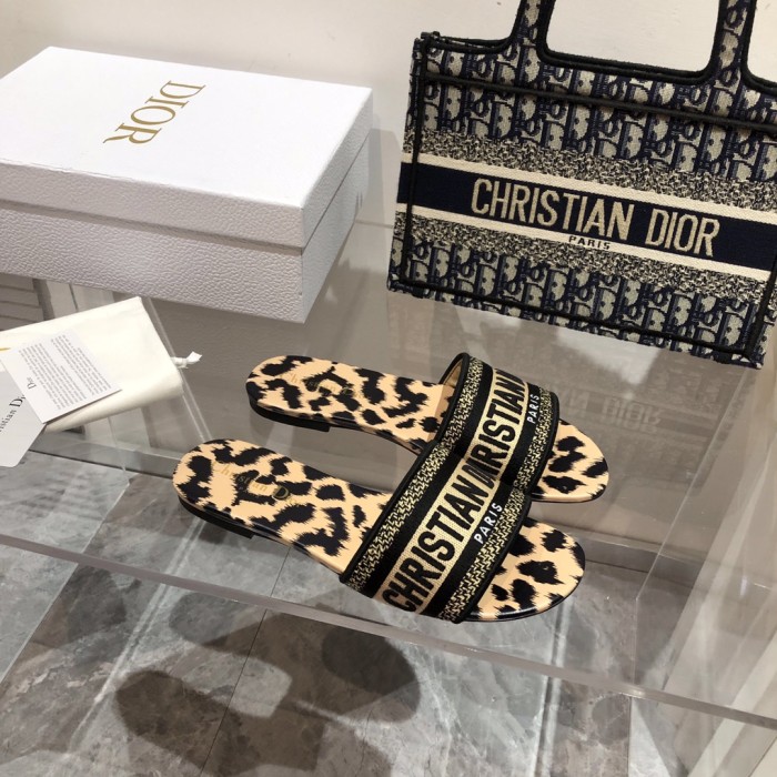 Dior Women Shoes DWAY HEELED SLIDE Embroidered Cotton Luxury Brand Womens Sandals Slippers with Original Box KCQ244ERC_S56B