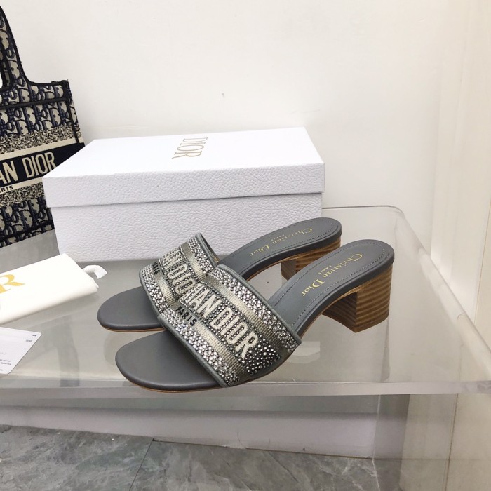 Dior Women Shoes DWAY HEELED SLIDE Embroidered Cotton Luxury Brand Womens Sandals Slippers with Original Box KCQ244ERC_S56B
