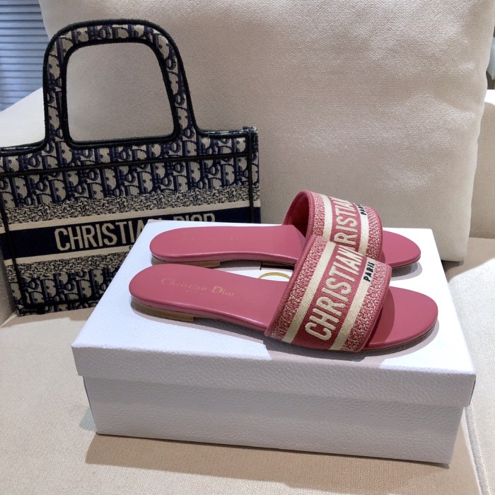 Dior Women Shoes DWAY HEELED SLIDE Embroidered Cotton Luxury Brand Womens Sandals Slippers with Original Box KCQ244ERC_S56B