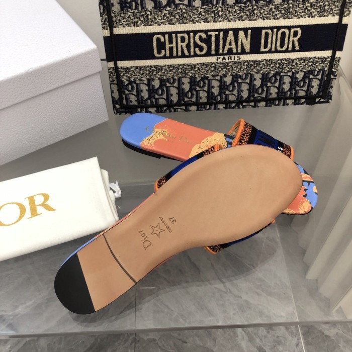Dior Women Shoes DWAY HEELED SLIDE Embroidered Cotton Luxury Brand Womens Sandals Slippers with Original Box KCQ244ERC_S56B