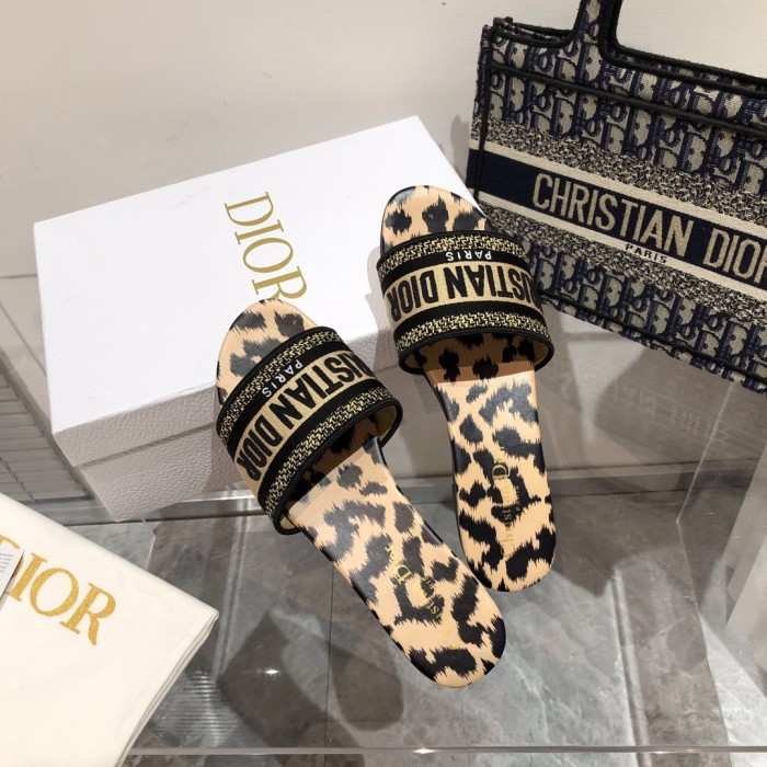 Dior Women Shoes DWAY HEELED SLIDE Embroidered Cotton Luxury Brand Womens Sandals Slippers with Original Box KCQ244ERC_S56B