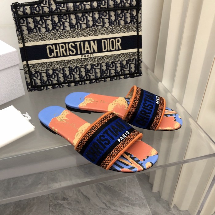 Dior Women Shoes DWAY HEELED SLIDE Embroidered Cotton Luxury Brand Womens Sandals Slippers with Original Box KCQ244ERC_S56B