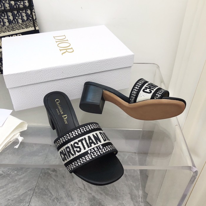 Dior Women Shoes DWAY HEELED SLIDE Embroidered Cotton Luxury Brand Womens Sandals Slippers with Original Box KCQ244ERC_S56B