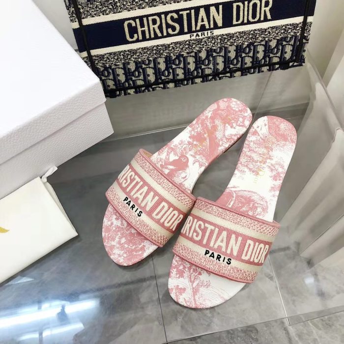 Dior Women Shoes DWAY HEELED SLIDE Embroidered Cotton Luxury Brand Womens Sandals Slippers with Original Box KCQ244ERC_S56B