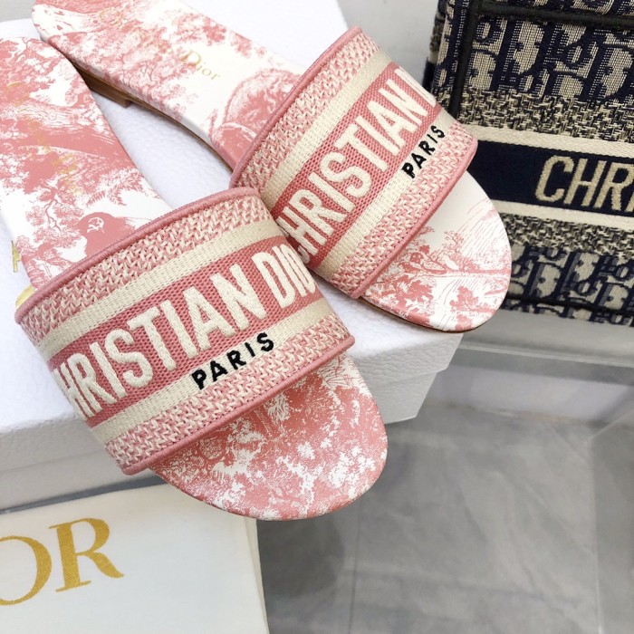 Dior Women Shoes DWAY HEELED SLIDE Embroidered Cotton Luxury Brand Womens Sandals Slippers with Original Box KCQ244ERC_S56B