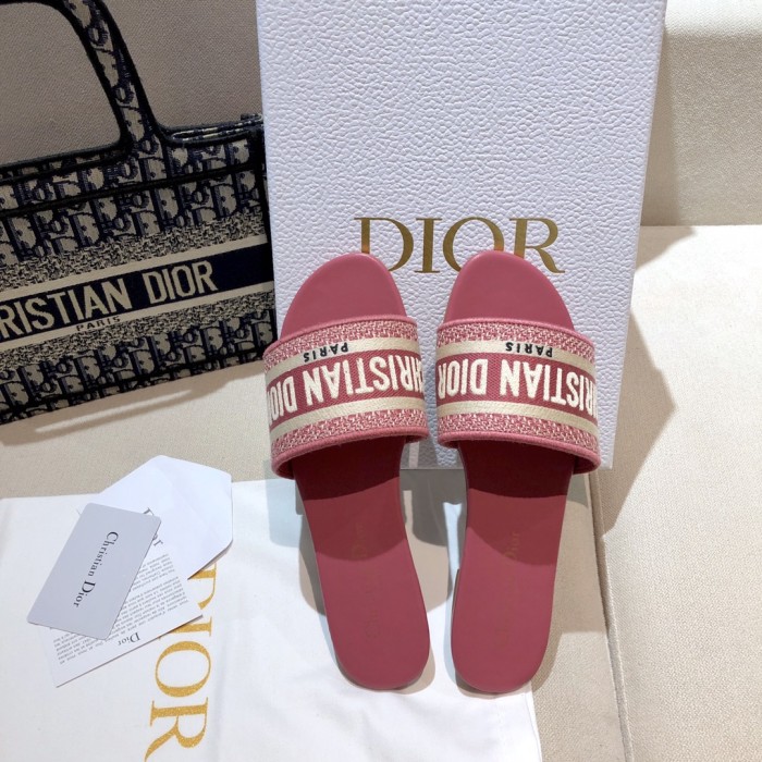 Dior Women Shoes DWAY HEELED SLIDE Embroidered Cotton Luxury Brand Womens Sandals Slippers with Original Box KCQ244ERC_S56B