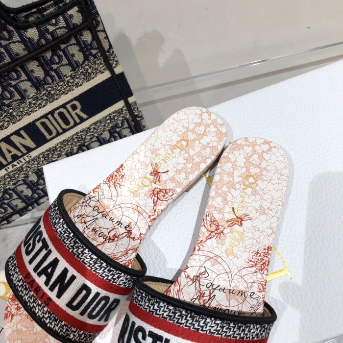 Dior Women Shoes DWAY HEELED SLIDE Embroidered Cotton Luxury Brand Womens Sandals Slippers with Original Box KCQ244ERC_S56B