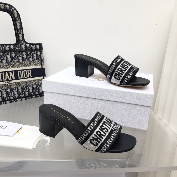 Dior Women Shoes DWAY HEELED SLIDE Embroidered Cotton Luxury Brand Womens Sandals Slippers with Original Box KCQ244ERC_S56B