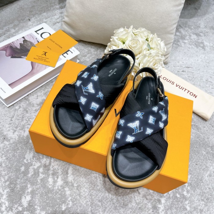Louis Vuitton Womens Shoes Sandals Slippers Luxury Brand Louis Vuitton POOL PILLOW COMFORT SANDAL Navy Blue Recycled, printed nylon with Original Box 1A9PP5