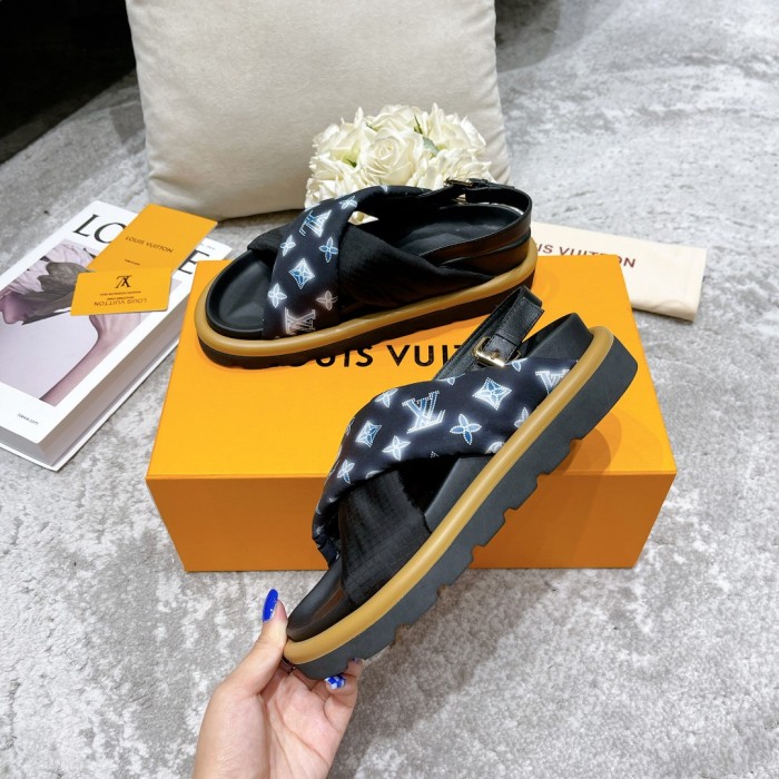 Louis Vuitton Womens Shoes Sandals Slippers Luxury Brand Louis Vuitton POOL PILLOW COMFORT SANDAL Navy Blue Recycled, printed nylon with Original Box 1A9PP5