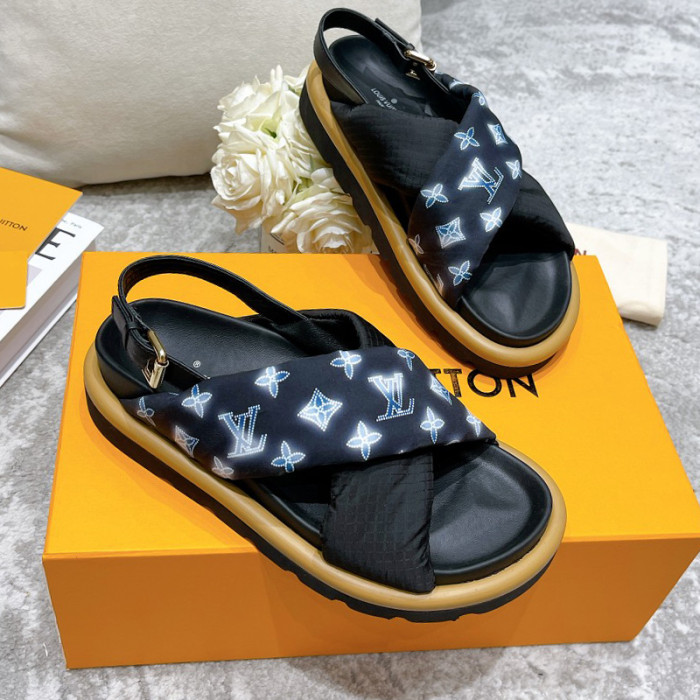Louis Vuitton Womens Shoes Sandals Slippers Luxury Brand Louis Vuitton POOL PILLOW COMFORT SANDAL Navy Blue Recycled, printed nylon with Original Box 1A9PP5