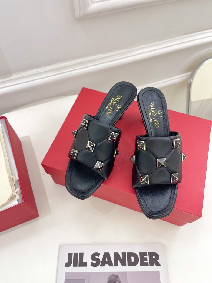 Valentino Women Shoes Mule Flip Flop Sandals ROMAN STUD SLIDE SANDAL IN QUILTED NAPPA with Original Box Luxury Brand 6.5cm Heel Design