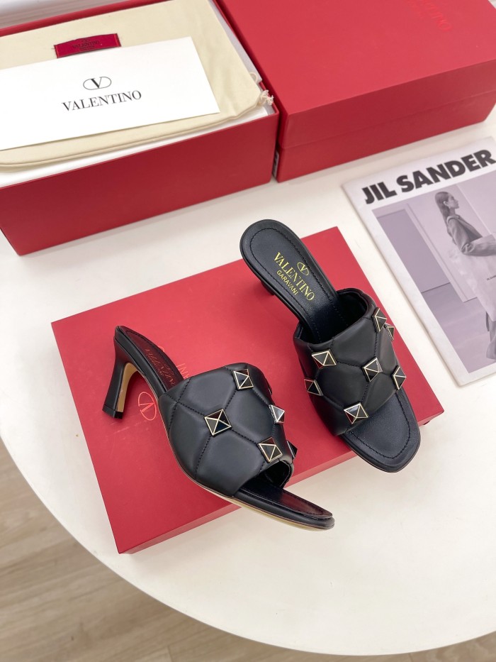 Valentino Women Shoes Mule Flip Flop Sandals ROMAN STUD SLIDE SANDAL IN QUILTED NAPPA with Original Box Luxury Brand 6.5cm Heel Design