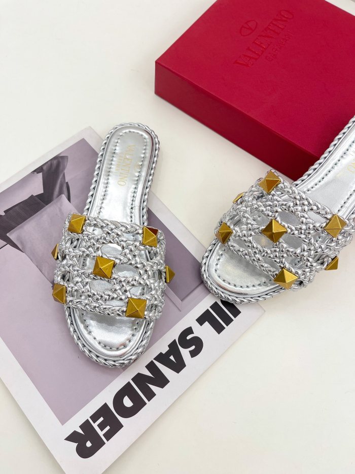 Valentino Women Shoes Mule Flip Flop Sandals ROMAN STUD SLIDE SANDAL IN QUILTED NAPPA with Original Box Luxury Brand