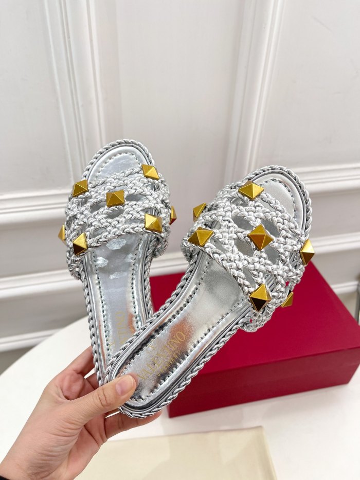Valentino Women Shoes Mule Flip Flop Sandals ROMAN STUD SLIDE SANDAL IN QUILTED NAPPA with Original Box Luxury Brand