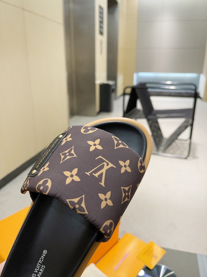 Louis Vuitton Womens Shoes Sandals Slippers Luxury Brand Louis Vuitton POOL PILLOW FLAT COMFORT MULE 1AAEBX Cacao Brown Monogram nylon Adjustable velcro strap