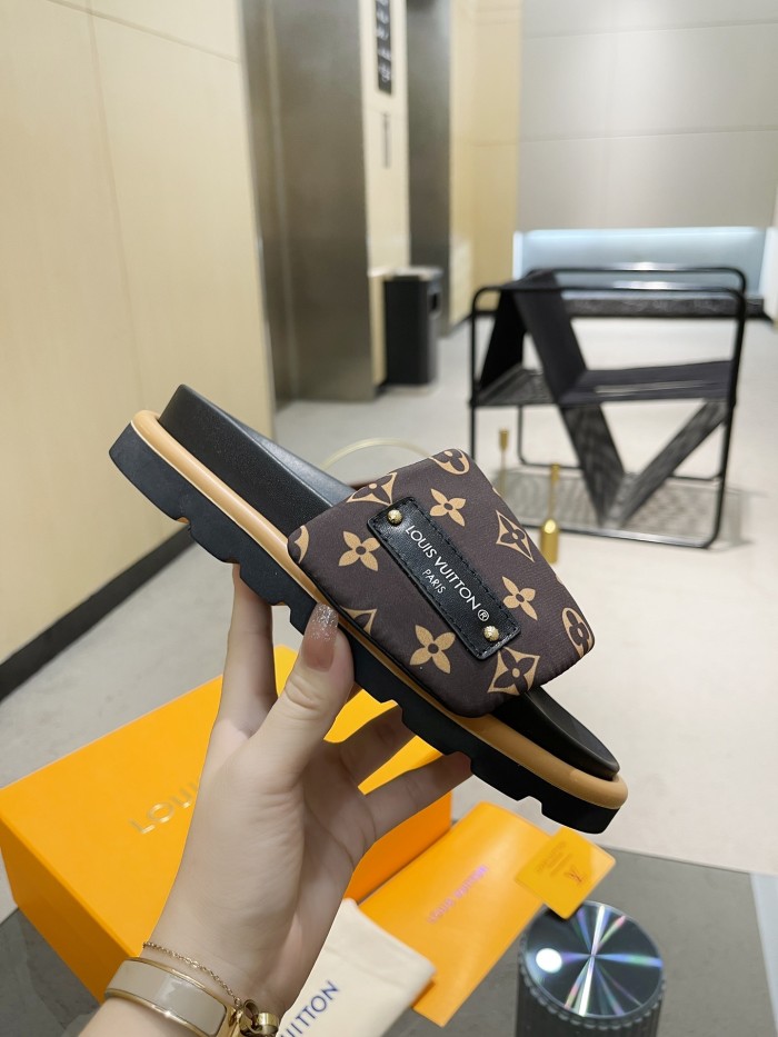 Louis Vuitton Womens Shoes Sandals Slippers Luxury Brand Louis Vuitton POOL PILLOW FLAT COMFORT MULE 1AAEBX Cacao Brown Monogram nylon Adjustable velcro strap
