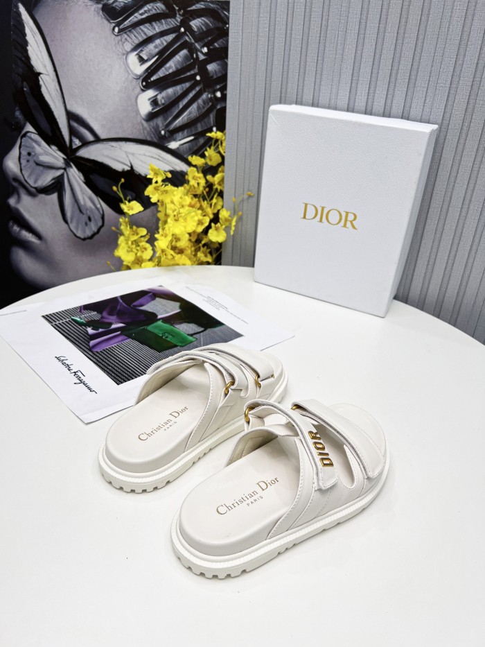 Dior Women Shoes Sandals Luxury Brand DIORACT SLIDE White Lambskin with Original Box KCQ718LAB_S03W