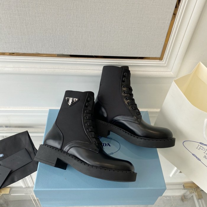 Prada Women Shoes Boots Luxury Brand Outdoor Monolith leather and nylon fabric boots 1T255M_3LJS_F0F24_F_B055