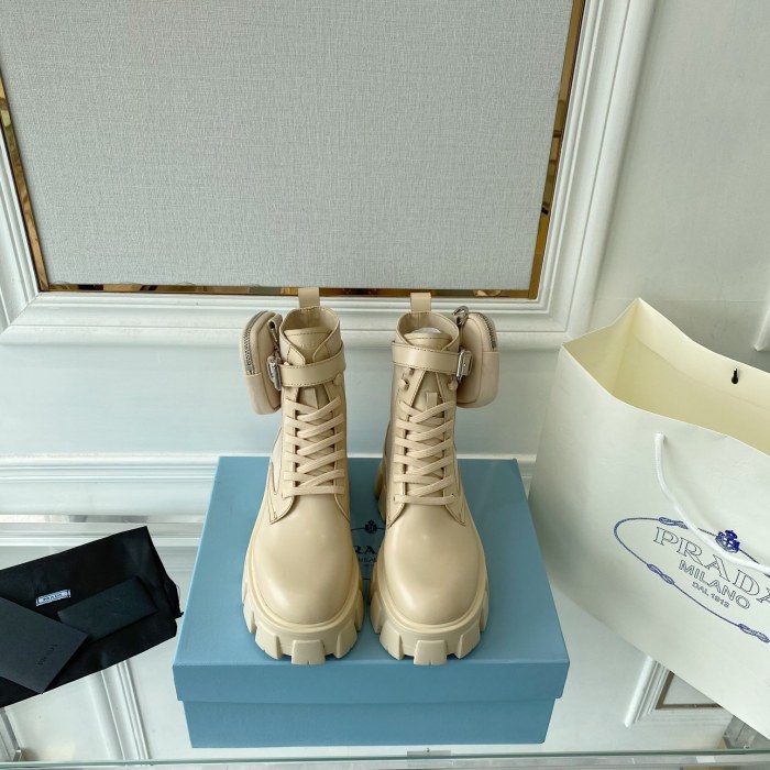 Prada Women Shoes Boots Luxury Brand Outdoor Monolith leather and nylon fabric boots 1T255M_3LJS_F0F24_F_B055