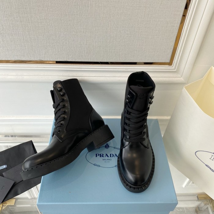 Prada Women Shoes Boots Luxury Brand Outdoor Monolith leather and nylon fabric boots 1T255M_3LJS_F0F24_F_B055