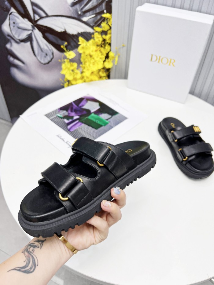 Dior Women Shoes Sandals Luxury Brand DIORACT SLIDE Black Lambskin with Original Box KCQ718LAB_S900
