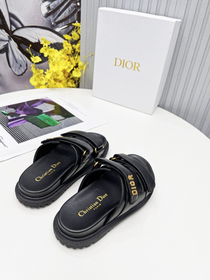 Dior Women Shoes Sandals Luxury Brand DIORACT SLIDE Black Lambskin with Original Box KCQ718LAB_S900