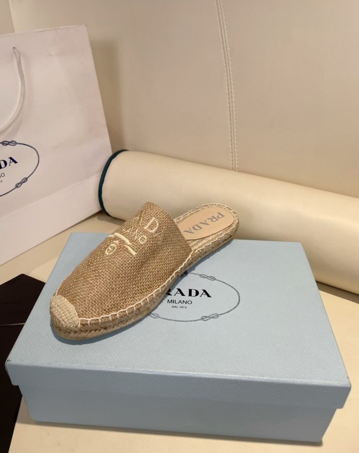 Prada Womens Shoes Casual Luxury Brand Breathable Hemp espadrilles Shoes Sandals Slippers with Original Box