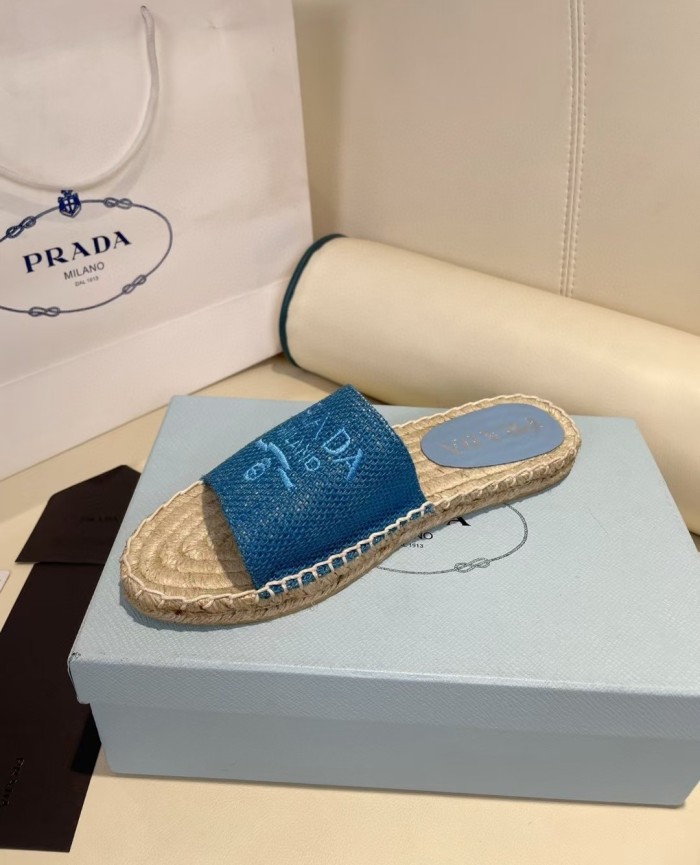 Prada Womens Shoes Casual Luxury Brand Breathable Hemp espadrilles Shoes Sandals Slippers with Original Box