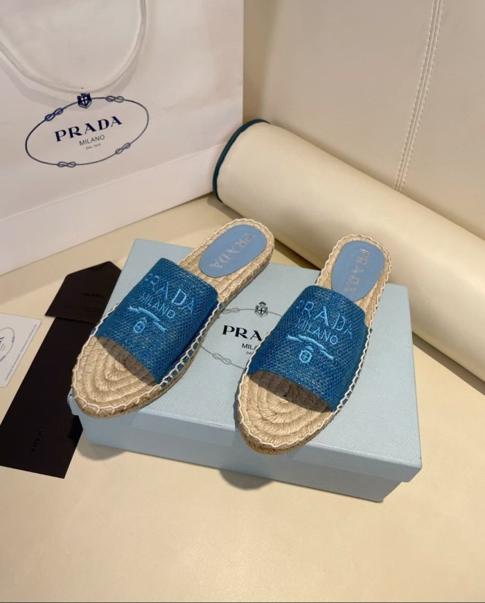 Prada Womens Shoes Casual Luxury Brand Breathable Hemp espadrilles Shoes Sandals Slippers with Original Box
