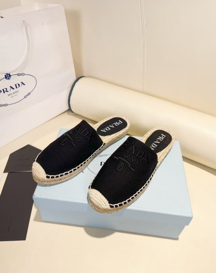 Prada Womens Shoes Casual Luxury Brand Breathable Hemp espadrilles Shoes Sandals Slippers with Original Box