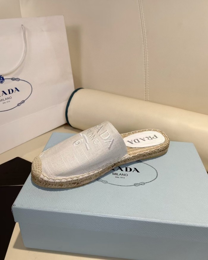 Prada Womens Shoes Casual Luxury Brand Breathable Hemp espadrilles Shoes Sandals Slippers with Original Box
