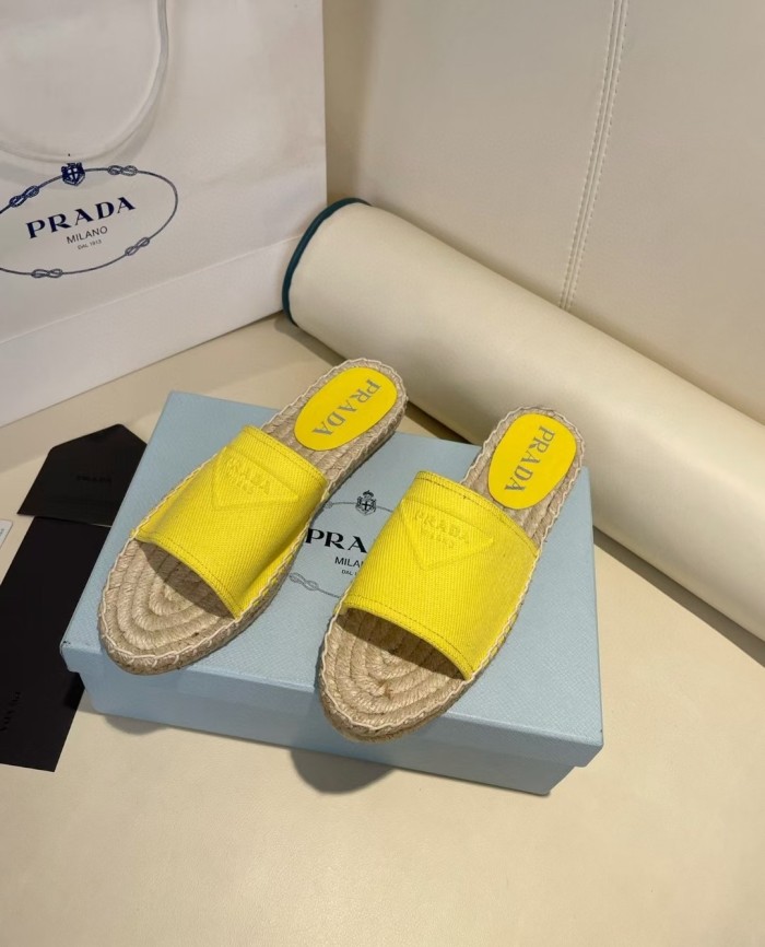 Prada Womens Shoes Casual Luxury Brand Breathable Hemp espadrilles Shoes Sandals Slippers with Original Box