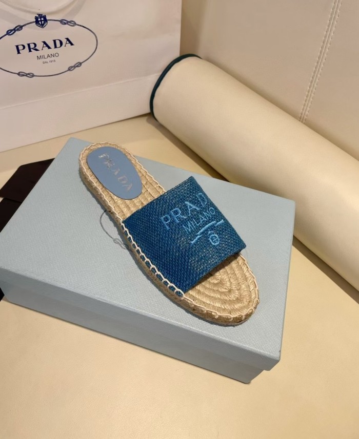 Prada Womens Shoes Casual Luxury Brand Breathable Hemp espadrilles Shoes Sandals Slippers with Original Box