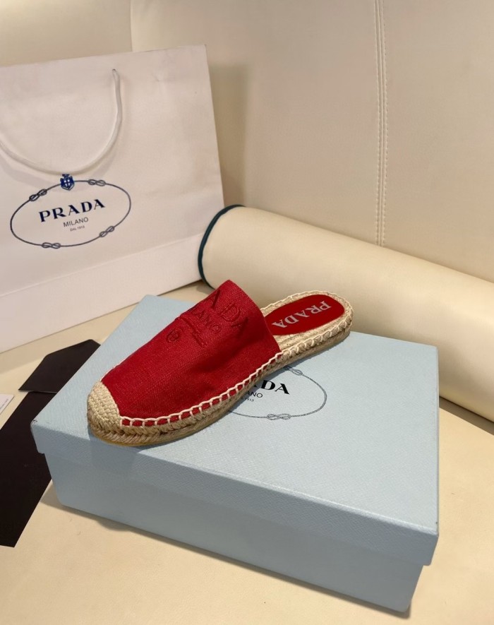 Prada Womens Shoes Casual Luxury Brand Breathable Hemp espadrilles Shoes Sandals Slippers with Original Box