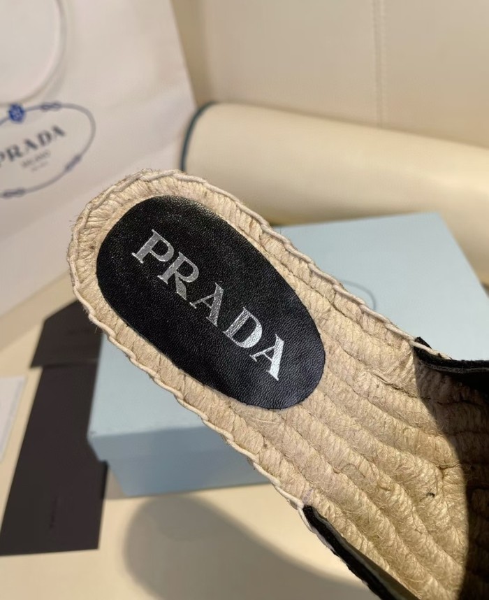 Prada Womens Shoes Casual Luxury Brand Breathable Hemp espadrilles Shoes Sandals Slippers with Original Box