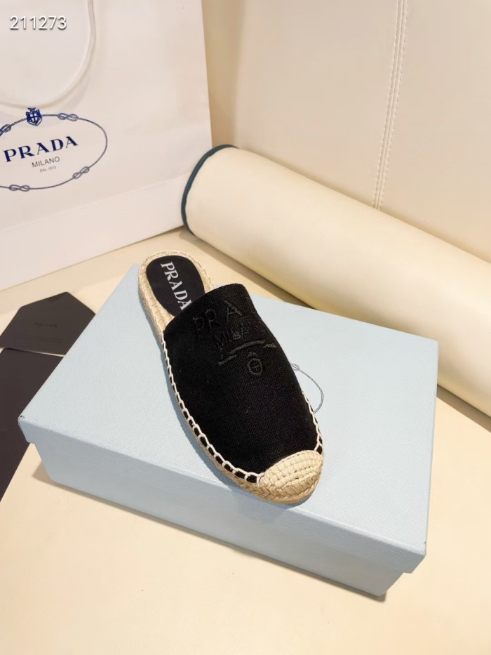 Prada Womens Shoes Casual Luxury Brand Breathable Hemp espadrilles Shoes Sandals Slippers with Original Box