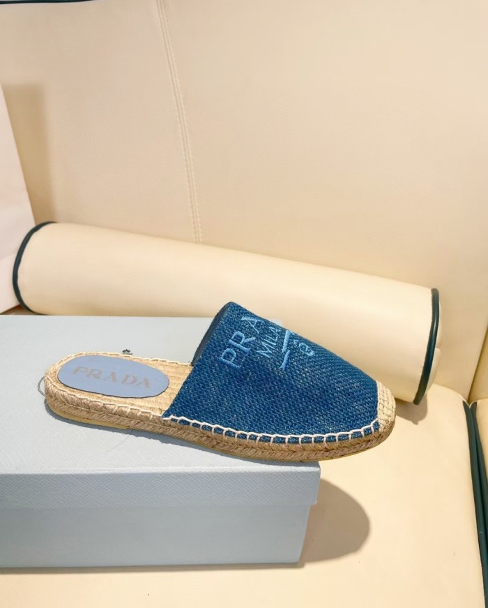 Prada Womens Shoes Casual Luxury Brand Breathable Hemp espadrilles Shoes Sandals Slippers with Original Box