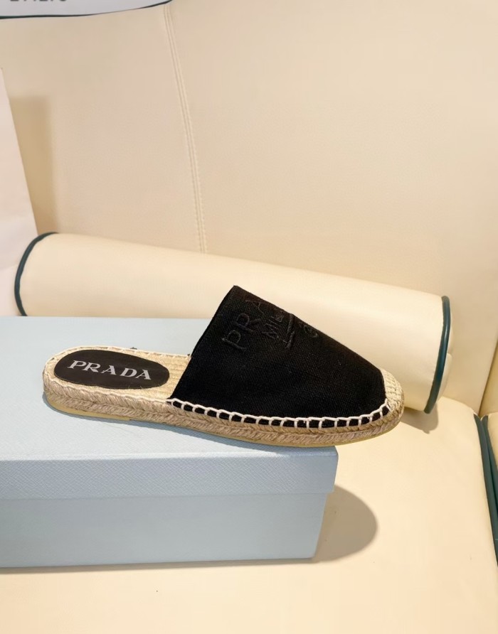 Prada Womens Shoes Casual Luxury Brand Breathable Hemp espadrilles Shoes Sandals Slippers with Original Box