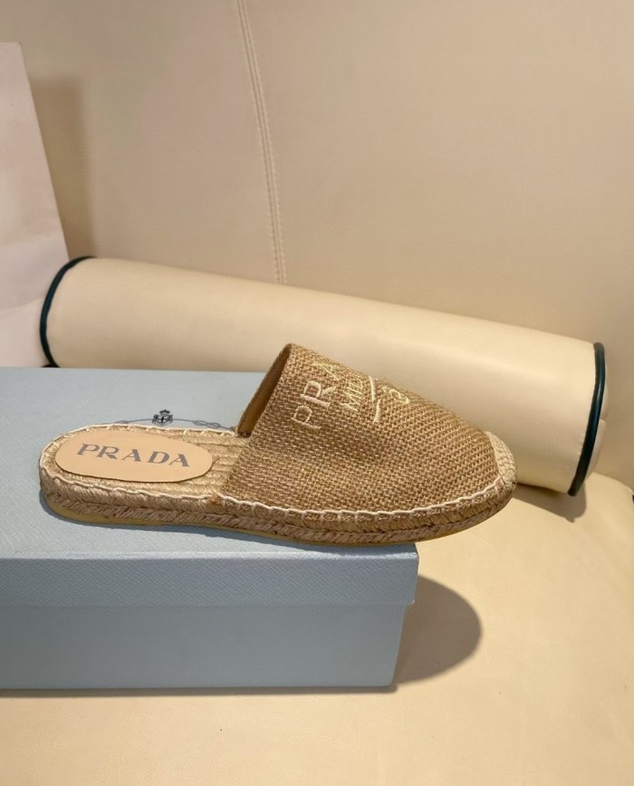 Prada Womens Shoes Casual Luxury Brand Breathable Hemp espadrilles Shoes Sandals Slippers with Original Box