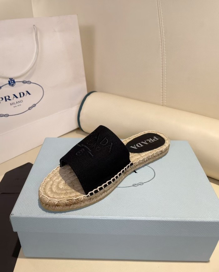 Prada Womens Shoes Casual Luxury Brand Breathable Hemp espadrilles Shoes Sandals Slippers with Original Box